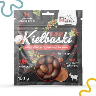 Syta micha - Super kiełbaski z kozą dziką różą i kokosem 100g