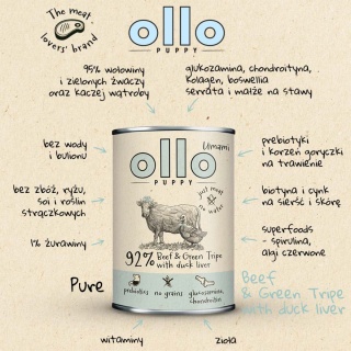 Ollo - karma mokra dla szczeniąt z Wołowiną i Kaczą wątróbką 400g