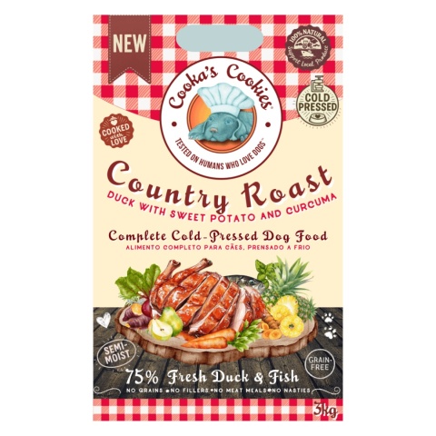 Cooka’s Cookies Country Roast – półwilgotna karma tłoczona na zimno z kaczką, rybą i batatami dla psa 3 kg pieskobox