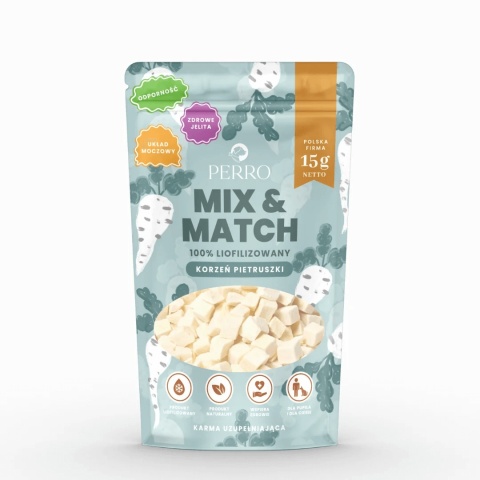 Opakowanie produktu Perro MIX & MATCH – liofilizowany korzeń pietruszki dla psa 15 g, naturalny dodatek do karmy pieskobox