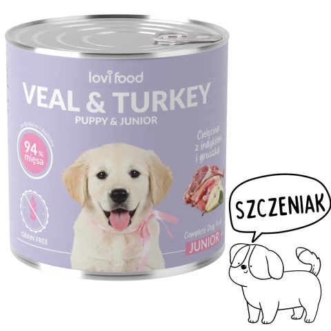 Lovi Food - karma mokra dla szczeniąt z cielęciną, indykiem i gruszką 800g Lovi Food - karma mokra dla szczeniąt z cielęciną, indykiem i gruszką 800g