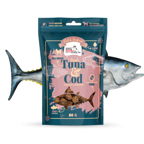 Syta Micha Fish & Seafood Przysmaki z tuńczykiem i dorszem dla psa 80g Syta Micha Fish & Seafood Przysmaki z tuńczykiem i dorszem dla psa 80g