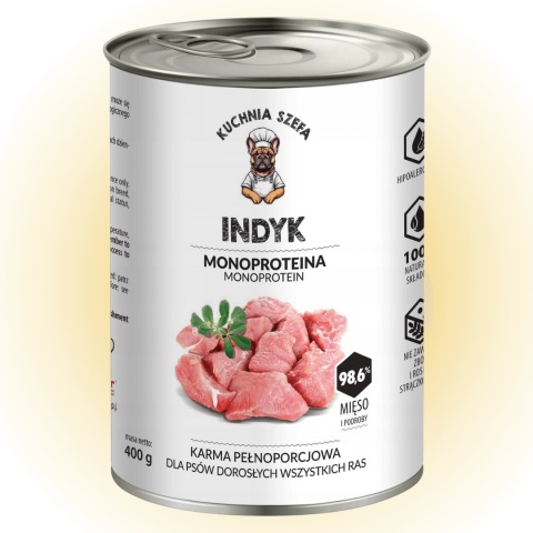 Karma mokra dla psa z indykiem Kuchnia Szefa – 400g, naturalny skład i pyszny smak