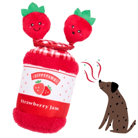 ZippyPaws Słoik Dżemu Truskawkowego – interaktywna zabawka węchowa dla psa z piszczącymi elementami