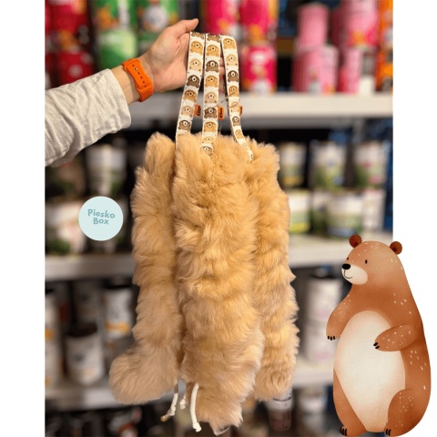 Misiowy pleciony szarpak dla psa z owczej skóry i futra – WoolieWhillie, brązowo-beżowy, PieskoBox