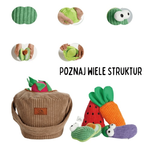 Pluszowy koszyk Nocciola z owocami i warzywami – interaktywna zabawka węchowa dla psa z miejscem na smaczki i mini zabawkami