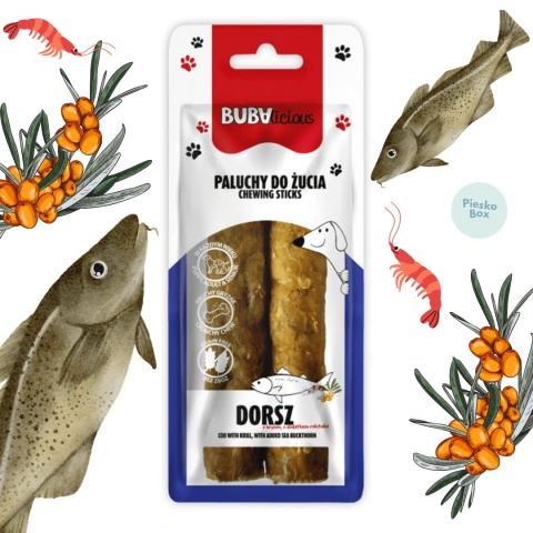 BUBAlicious paluchy ze skóry dorsza z dodatkiem kryla i rokitnika dla psa 2×15cm