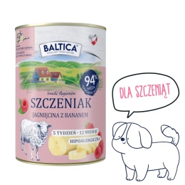 Karma mokra dla szczeniąt Baltica Jagnięcina z bananem 400 g – puszka z delikatną recepturą pieskobox