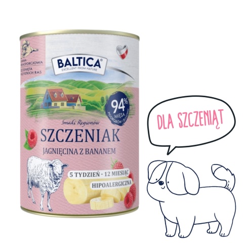 Karma mokra dla szczeniąt Baltica Jagnięcina z bananem 400 g – puszka z delikatną recepturą pieskobox