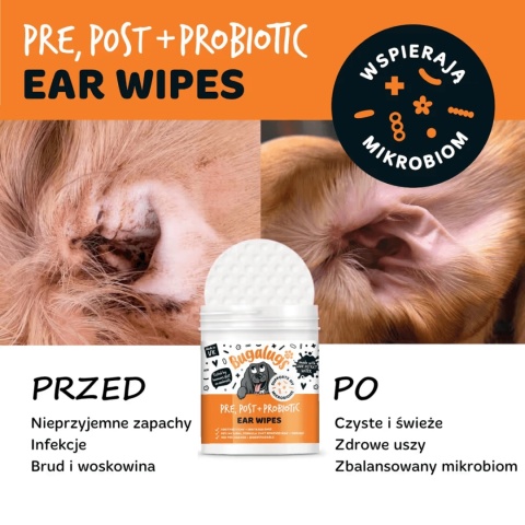 Bugalugs Pre Post Probiotic Ear Wipes for Dogs 100 szt płatki do czyszczenia uszu psów