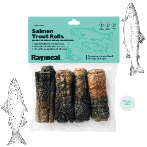 Raymeal Salmon Trout Skin Rolls naturalne roladki ze skóry pstrąga łososiowego dla psa 4 sztuki