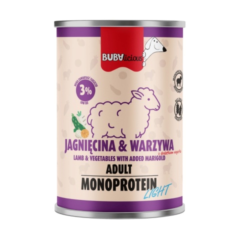BUBAlicious Light Jagnięcina z Warzywami - monoproteinowa karma mokra dla psa 400g