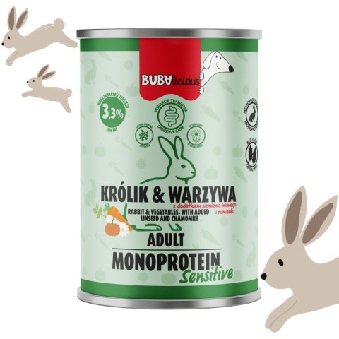 BUBAlicious Sensitive Królik - monobiałkowa karma mokra dla dorosłych psów z królikiem, marchewką i dynią 400g