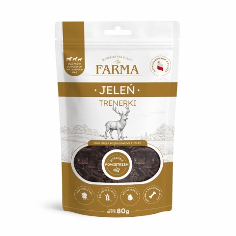 Farma trenerki z jelenia ze 100% mięsa mięśniowego, naturalne przysmaki treningowe dla psa 80g PieskoBox