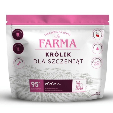 Farma Królik Puppy - karma sucha tłoczona na zimno dla szczeniąt z 50% królika, probiotykiem i dodatkami wspierającymi stawy