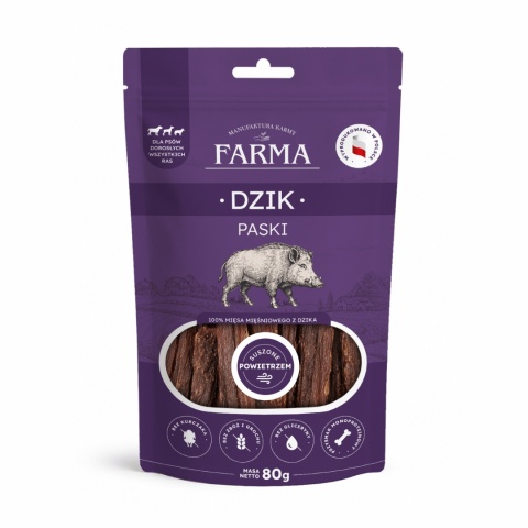 Farma Suszone Paski z Dzika 80g - naturalne monobiałkowe przysmaki z mięsa dzika dla psa