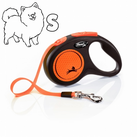 Flexi Classic Neon Orange S - pomarańczowa smycz automatyczna z taśmą 5m dla psów do 15kg