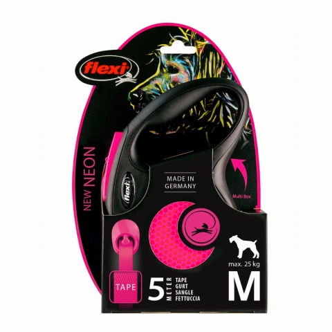 Flexi Classic Neon Pink - różowa smycz automatyczna z taśmą 5m, rozmiar M dla psów do 25kg pieskobox