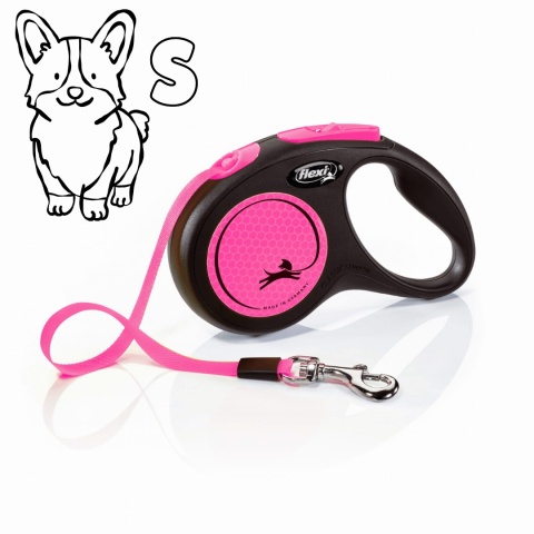 Flexi Classic Neon Pink - różowa smycz automatyczna z taśmą 5m, rozmiar S dla psów do 15kg