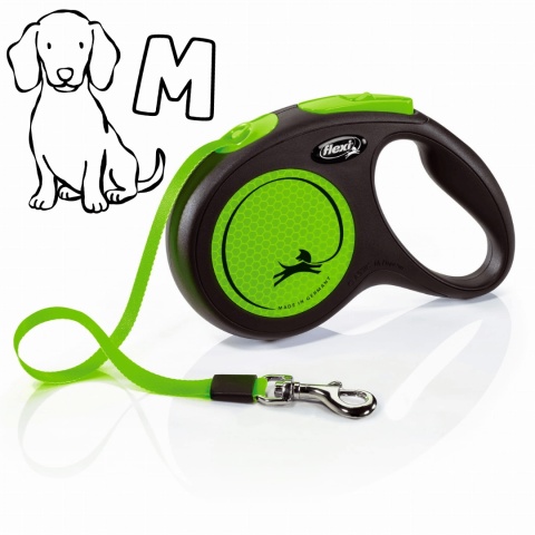 Flexi New Classic Neon Green - zielona smycz automatyczna z taśmą 5m, rozmiar M dla psów do 25kg