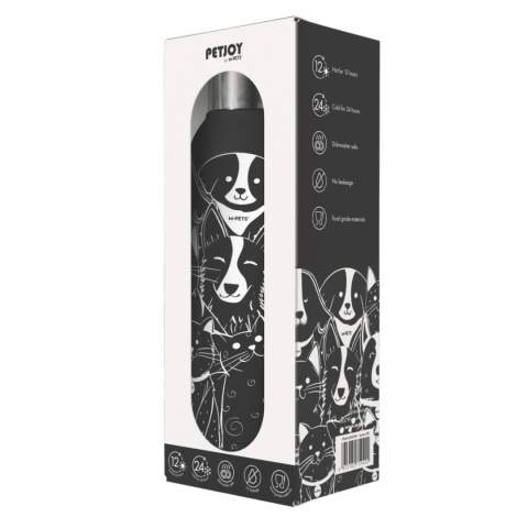 PETJOY - czarna butelka termiczna ze stali nierdzewnej z motywem piesków 500ml