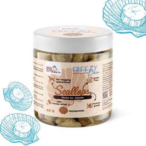 Syta Micha FREEZY Pure Małże Świętego Jakuba 60g - naturalne, monobiałkowe przysmaki liofilizowane dla psa, 100% przegrzebków