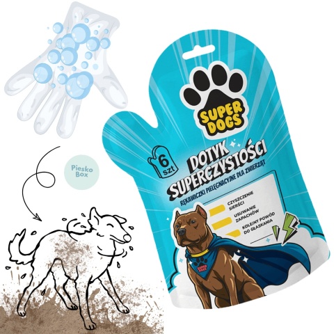 Uniszki SuperDogs - nawilżane rękawiczki pielęgnacyjne do czyszczenia sierści i łap psa, opakowanie 6 sztuk